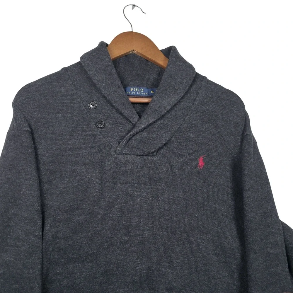 Polo Ralph Lauren Shawl Collar Sweater Mens XL Charcoal Grey Suede Elbow Patches